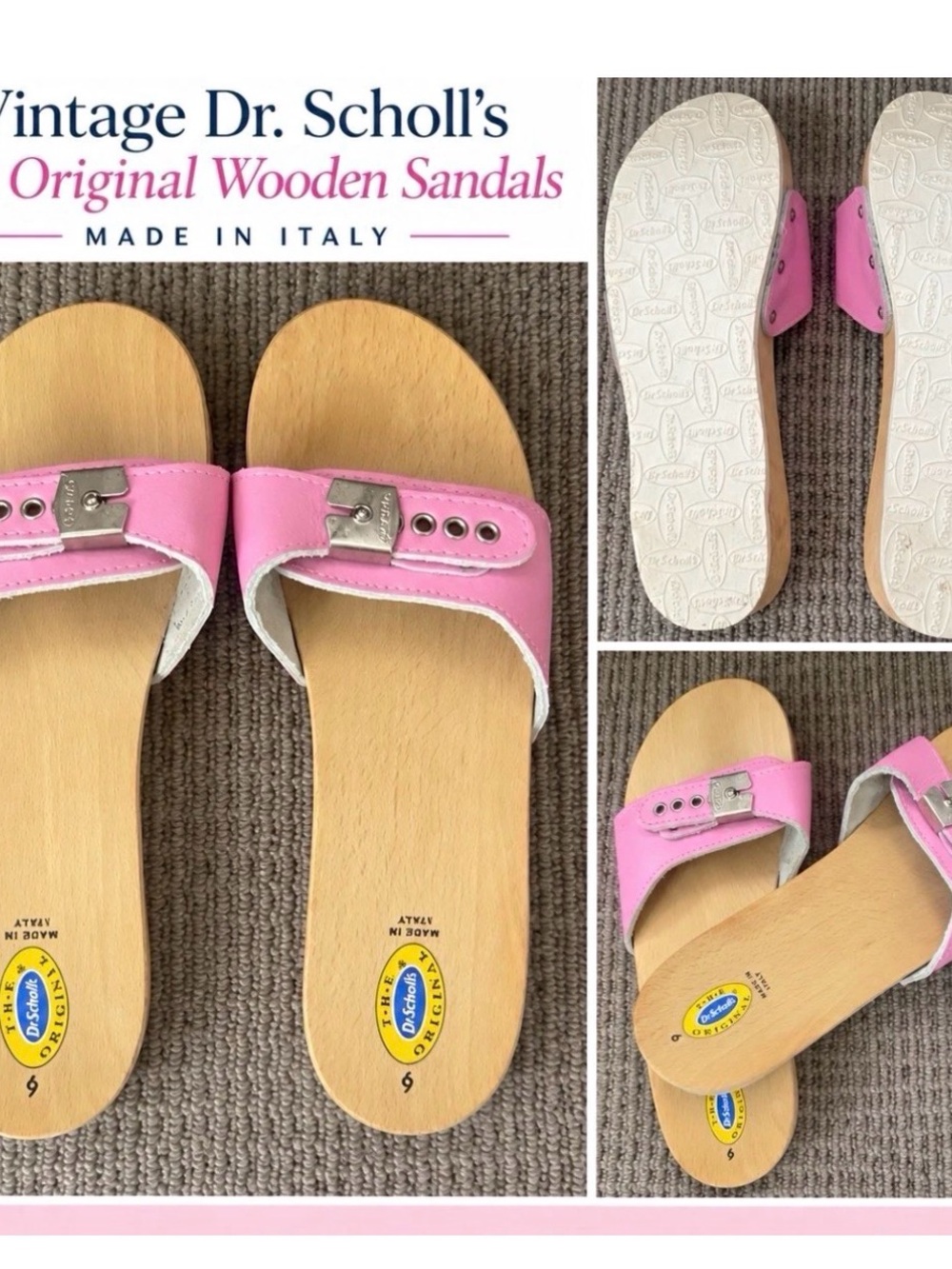Dr. Scholl's Pink Leather Wooden Slide Sandals with Silver Buckle Accent. Italy